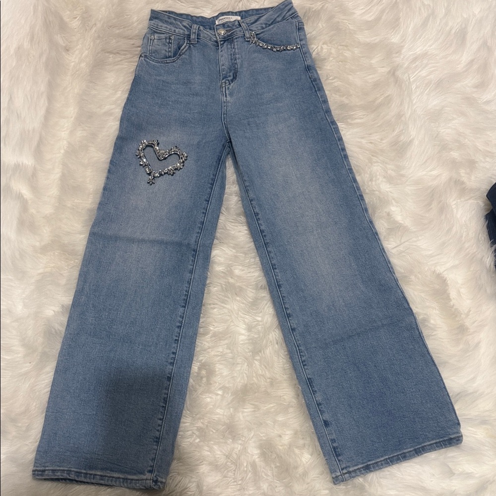Chic Light Blue Women's Flare Jeans with Heart Embellishment